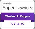 Logo Recognizing Pappas Law's affiliation with Super Lawyers 5 Years